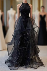 Black Long Mermaid Halter Sequined Tulle Formal Evening Prom Dresses