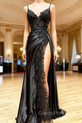 Black Long Satin with Lace Straps Long Party Dresses, Black Evening Dresses