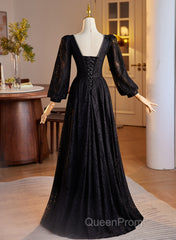 Black Long Sleeves Lace A-Line Party Dresses, Black Lace Wedding Party Dresses