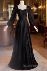 Black Long Sleeves Lace A-Line Party Dresses, Black Lace Wedding Party Dresses