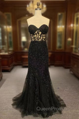 Black Mermaid Lace Evening Prom Dresses, Black Mermaid Lace Evening Dresses