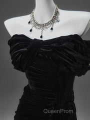 Black Mermaid Off-The-Shoulder Velvet Long Evening Prom Dresses, Elegant Quinceanera Dresses