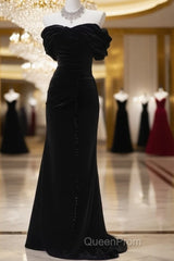 Black Mermaid Off-The-Shoulder Velvet Long Evening Prom Dresses, Elegant Quinceanera Dresses