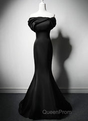 Black Mermaid Satin Off Shoulder Evening Dresses, Black Satin Evening Prom Dresses