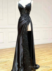 Black Mermaid Satin Spaghetti Sraps Prom Dress