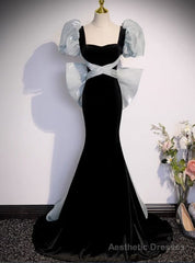 Black Mermaid Square Neck Puff Sleeve Prom Dress
