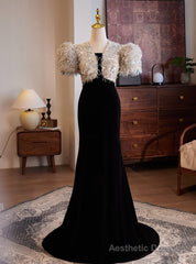Black Mermaid Velvet Puff Sleeve Prom Dress
