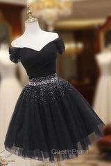 Black Off Shoulder Beaded Tulle Short Evening Prom Dresses, Black Homecoming Dresses Evening Dresses