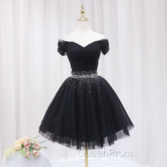 Black Off Shoulder Beaded Tulle Short Evening Prom Dresses, Black Homecoming Dresses Evening Dresses