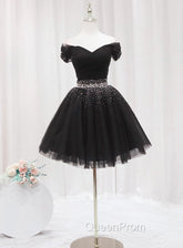 Black Off Shoulder Beaded Tulle Short Evening Prom Dresses, Black Homecoming Dresses Evening Dresses