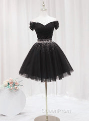 Black Off Shoulder Beaded Tulle Short Evening Prom Dresses, Black Homecoming Dresses Evening Dresses