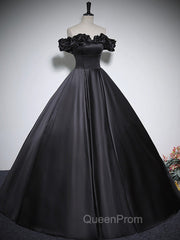 Black Off Shoulder Satin Long Evening Prom Dresses, Black Satin Evening Dresses