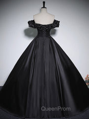 Black Off Shoulder Satin Long Evening Prom Dresses, Black Satin Evening Dresses