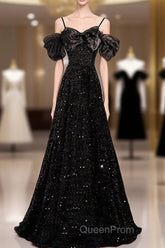 Black Off Shoulder Sequin Long Evening Prom Dresses Evening Dresses With Bow Knot
