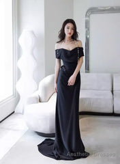 Black Off Shoulder Soft Satin Floor Length Party Dress, Black Satin Evening Dress