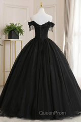 Black Off Shoulder Sweet 16 Formal Dresses With Lace, Black Long Evening Prom Dresses
