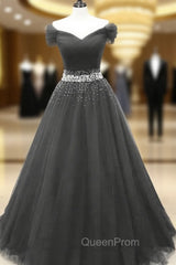 Black Off Shoulder Tulle Lace Beaded A-line Evening Prom Dresses, Black Junior Party Dresses