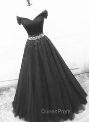 Black Off Shoulder Tulle Lace Beaded A-line Evening Prom Dresses, Black Junior Party Dresses