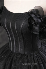 Black Off Shoulder Tulle Lace-Up Sweet 16 Dresses, Black Long Party Dresses Evening Prom Dresses