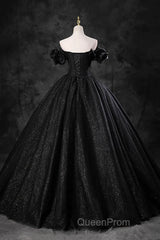 Black Off Shoulder Tulle Lace-Up Sweet 16 Dresses, Black Long Party Dresses Evening Prom Dresses