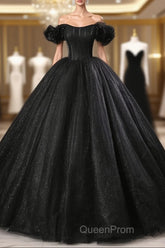 Black Off Shoulder Tulle Lace-Up Sweet 16 Dresses, Black Long Party Dresses Evening Prom Dresses