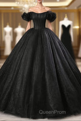 Black Off Shoulder Tulle Lace-Up Sweet 16 Dresses, Black Long Party Dresses Evening Prom Dresses