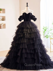 Black Off Shoulder Tulle Long Evening Prom Dresses, Black Evening Dresses