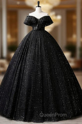 Black Off Shoulder Tulle Long Evening Prom Dresses, Black Formal Evening Dresses
