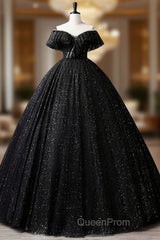 Black Off Shoulder Tulle Long Evening Prom Dresses, Black Formal Evening Dresses