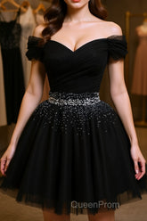 Black Off Shoulder Tulle Sequin Short Evening Prom Dresses, Black Homecoming Dresses