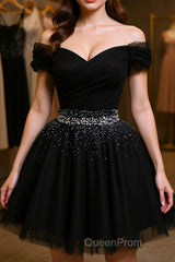 Black Off Shoulder Tulle Sequin Short Evening Prom Dresses, Black Homecoming Dresses