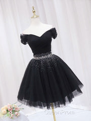 Black Off Shoulder Tulle Sequin Short Evening Prom Dresses, Black Homecoming Dresses