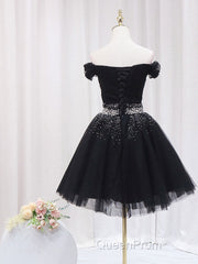 Black Off Shoulder Tulle Sequin Short Evening Prom Dresses, Black Homecoming Dresses