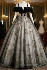 Black Off Shoulder Tulle With Lace Long Formal Dresses, Black Sweet 16 Dresses