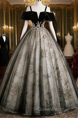 Black Off Shoulder Tulle With Lace Long Formal Dresses, Black Sweet 16 Dresses