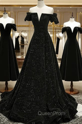Black Off Shoulder Velvet Long Party Dresses Evening Prom Dresses, Black Simple Evening Dresses