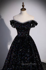 Black Off the Shoulder Beaded Long Evening Dresses, Black Shiny Sequins Evening Dresses