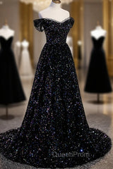 Black Off the Shoulder Beaded Long Evening Dresses, Black Shiny Sequins Evening Dresses
