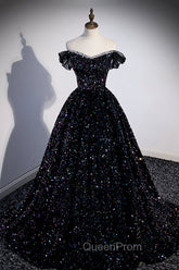 Black Off the Shoulder Beaded Long Evening Dresses, Black Shiny Sequins Evening Dresses