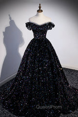 Black Off the Shoulder Beaded Long Evening Dresses, Black Shiny Sequins Evening Dresses