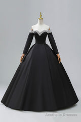 Black Off the Shoulder Pearls Long Sleeve Prom Dress, A-Line Evening Party Dress with Slit