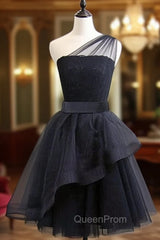 Black One Shoulder Tulle Short Evening Dresses, Black Homecoming Dresses
