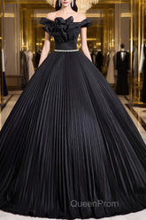 Black Pleated Long A-Line Party Gown With Rhinestone Sash, Elegant Off The Shoulder Formal Evening Dresses