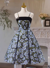 Black Print Spaghetti Straps Homecoming Dress