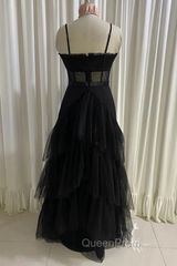 Black Evening Prom Dresses, Elegant A-line Layered Tulle Evening Prom Dresses,Sheer Corset Long Evening Dresses