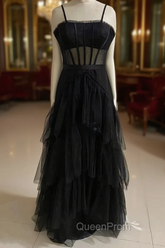 Black Evening Prom Dresses, Elegant A-line Layered Tulle Evening Prom Dresses,Sheer Corset Long Evening Dresses