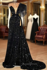Black Robe De Soiree A-Line High Collar Sequins Sparkle Beaded Slit Sexy Long Evening Prom Dresses Evening Prom Gown Evening Dresses