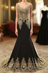 Black Round Neck Lace Applique Long Evening Prom Dresses, Black Evening Dresses