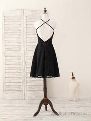 Black Round Neck Lace Beads Short Prom Dress, Black Homecoming Dress