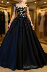 Black round neck satin long Evening Prom gown, black evening Dresses